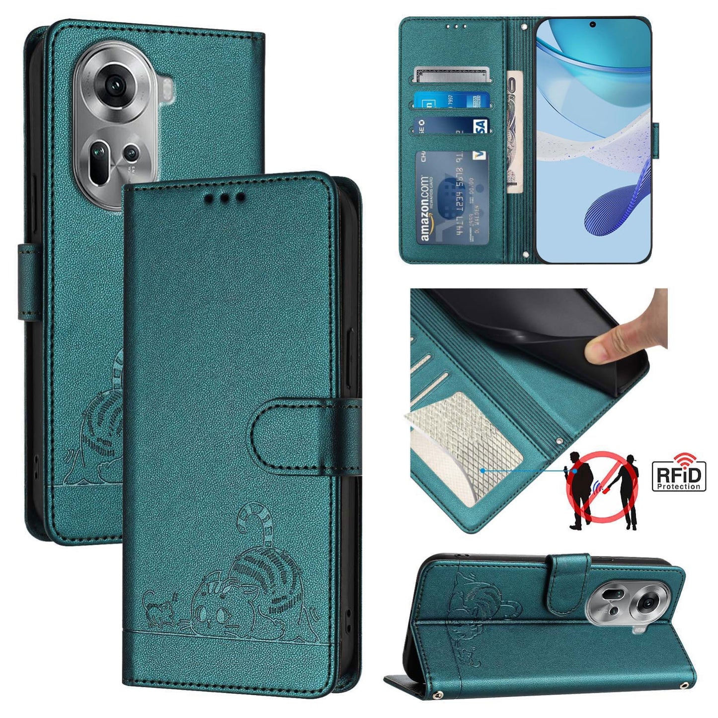 OPPO Reno11 5G Global Cat and Rat Embossed Pattern, RFID Leather Phone Case with Lanyard, Kickstand, and Wallet Features