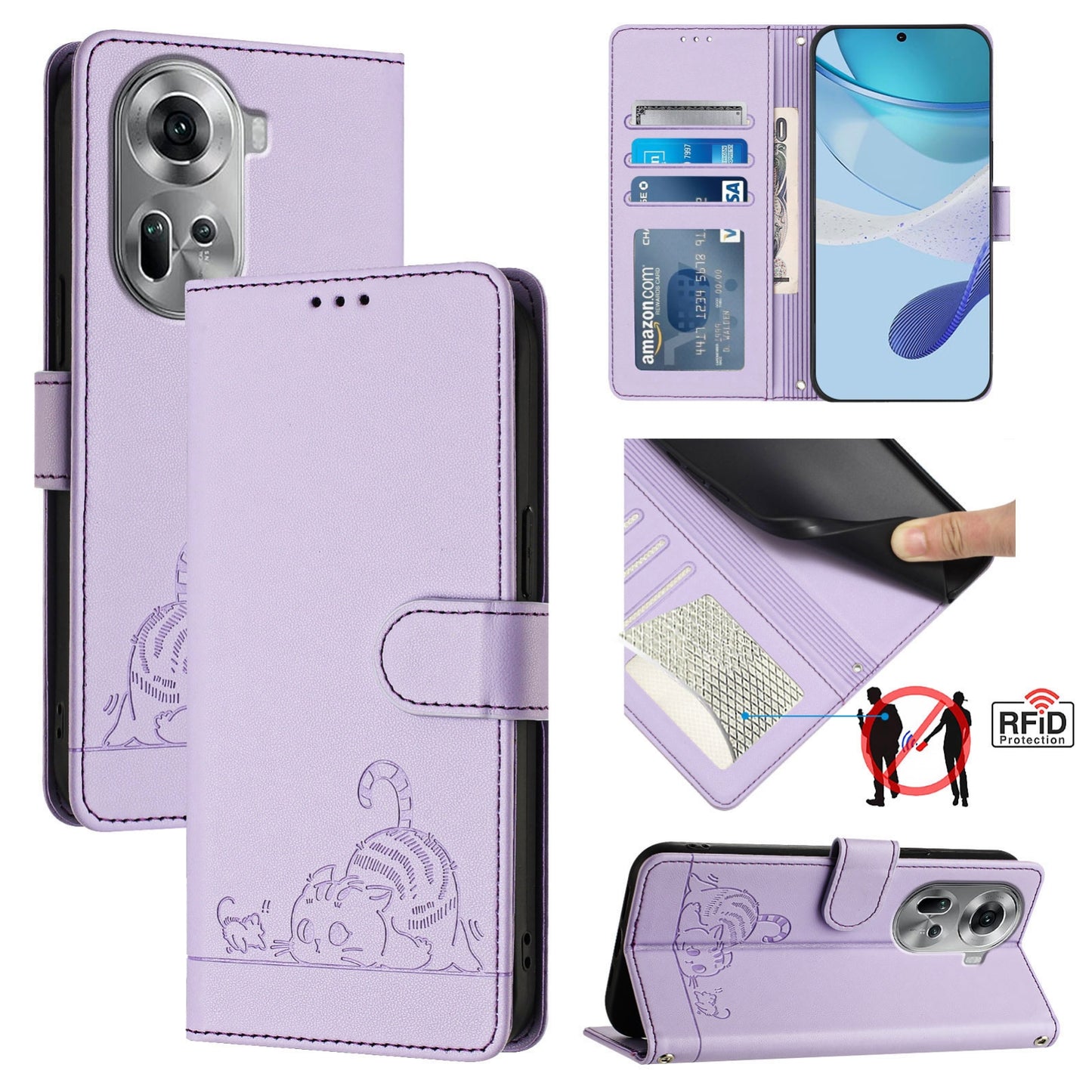 OPPO Reno11 5G Global Cat and Rat Embossed Pattern, RFID Leather Phone Case with Lanyard, Kickstand, and Wallet Features