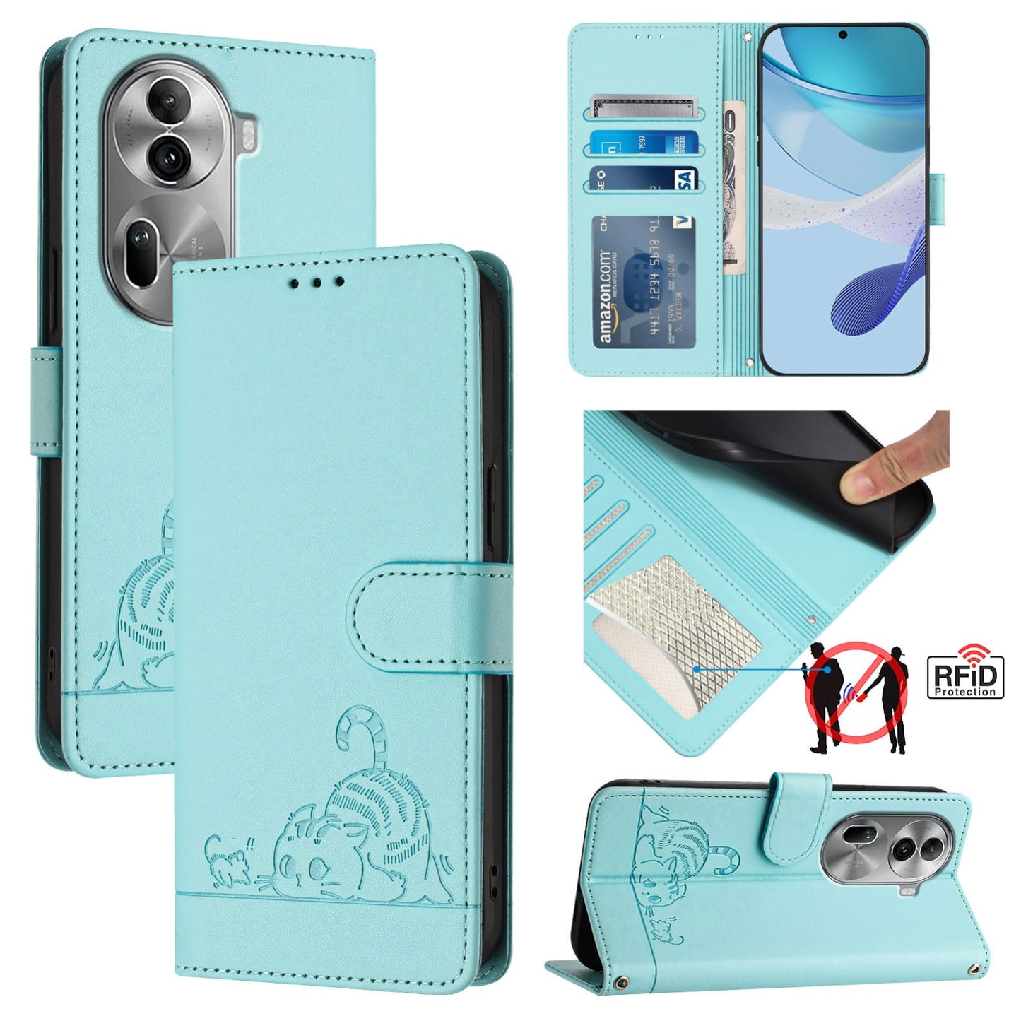 OPPO Reno11 Pro 5G Global Cat and Rat Embossed Pattern, RFID Leather Phone Case with Lanyard, Kickstand, and Wallet Features