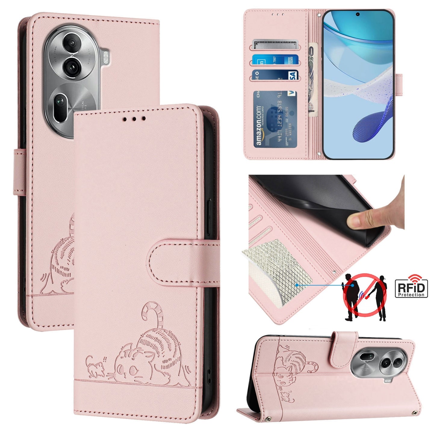 OPPO Reno11 Pro 5G Global Cat and Rat Embossed Pattern, RFID Leather Phone Case with Lanyard, Kickstand, and Wallet Features