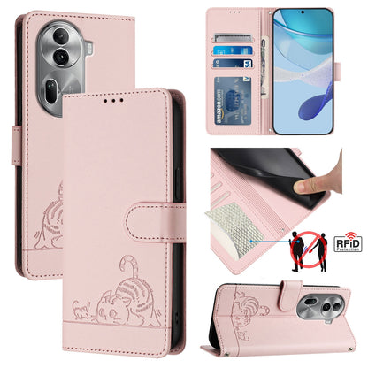 OPPO Reno11 Pro 5G Global Cat and Rat Embossed Pattern, RFID Leather Phone Case with Lanyard, Kickstand, and Wallet Features