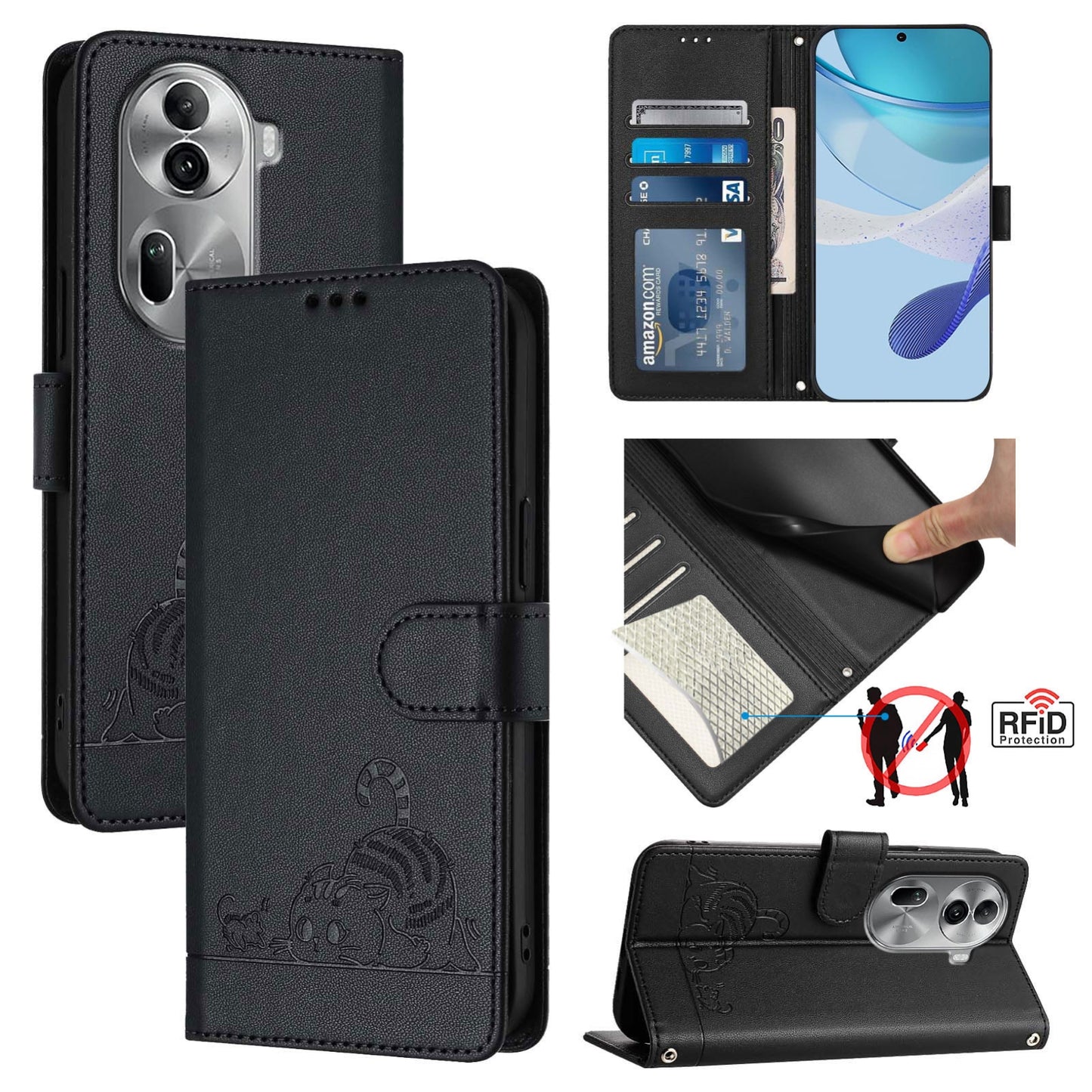 OPPO Reno11 Pro 5G Global Cat and Rat Embossed Pattern, RFID Leather Phone Case with Lanyard, Kickstand, and Wallet Features