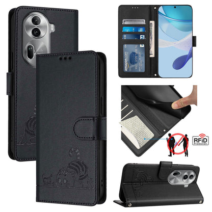 OPPO Reno11 Pro 5G Global Cat and Rat Embossed Pattern, RFID Leather Phone Case with Lanyard, Kickstand, and Wallet Features