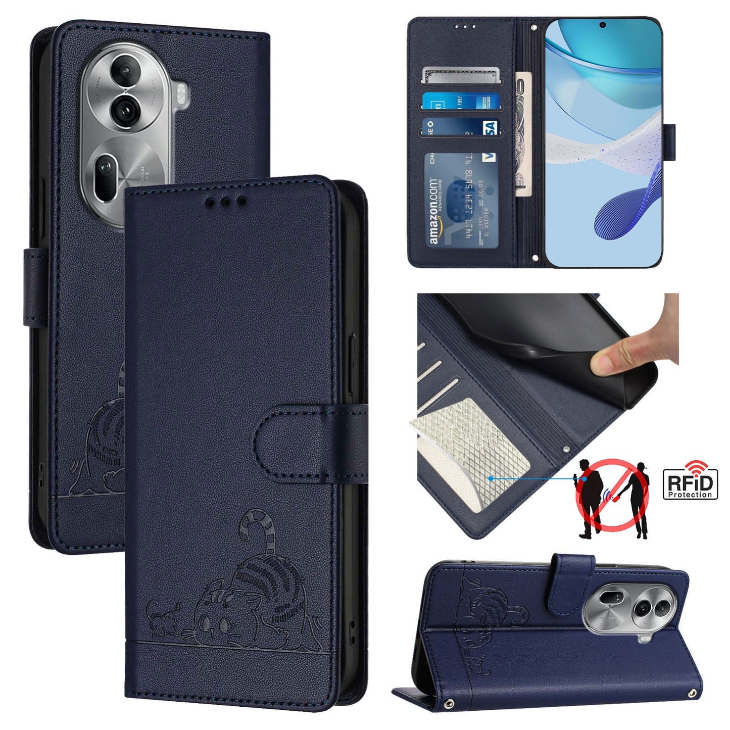 OPPO Reno11 Pro 5G Global Cat and Rat Embossed Pattern, RFID Leather Phone Case with Lanyard, Kickstand, and Wallet Features