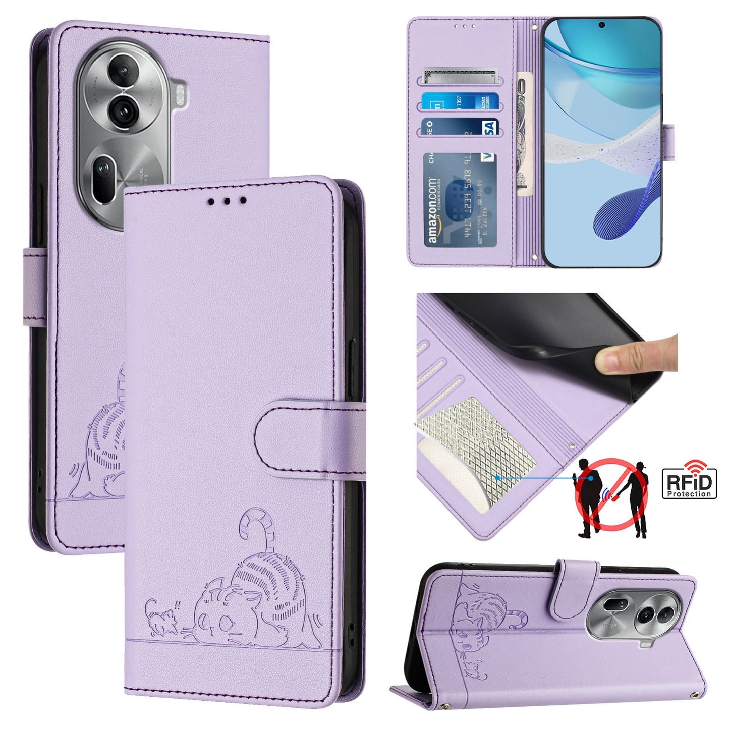 OPPO Reno11 Pro 5G Global Cat and Rat Embossed Pattern, RFID Leather Phone Case with Lanyard, Kickstand, and Wallet Features