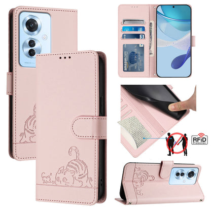 OPPO Reno11 F 5G Global Cat and Rat Embossed Pattern, RFID Leather Phone Case with Lanyard, Kickstand, and Wallet Features