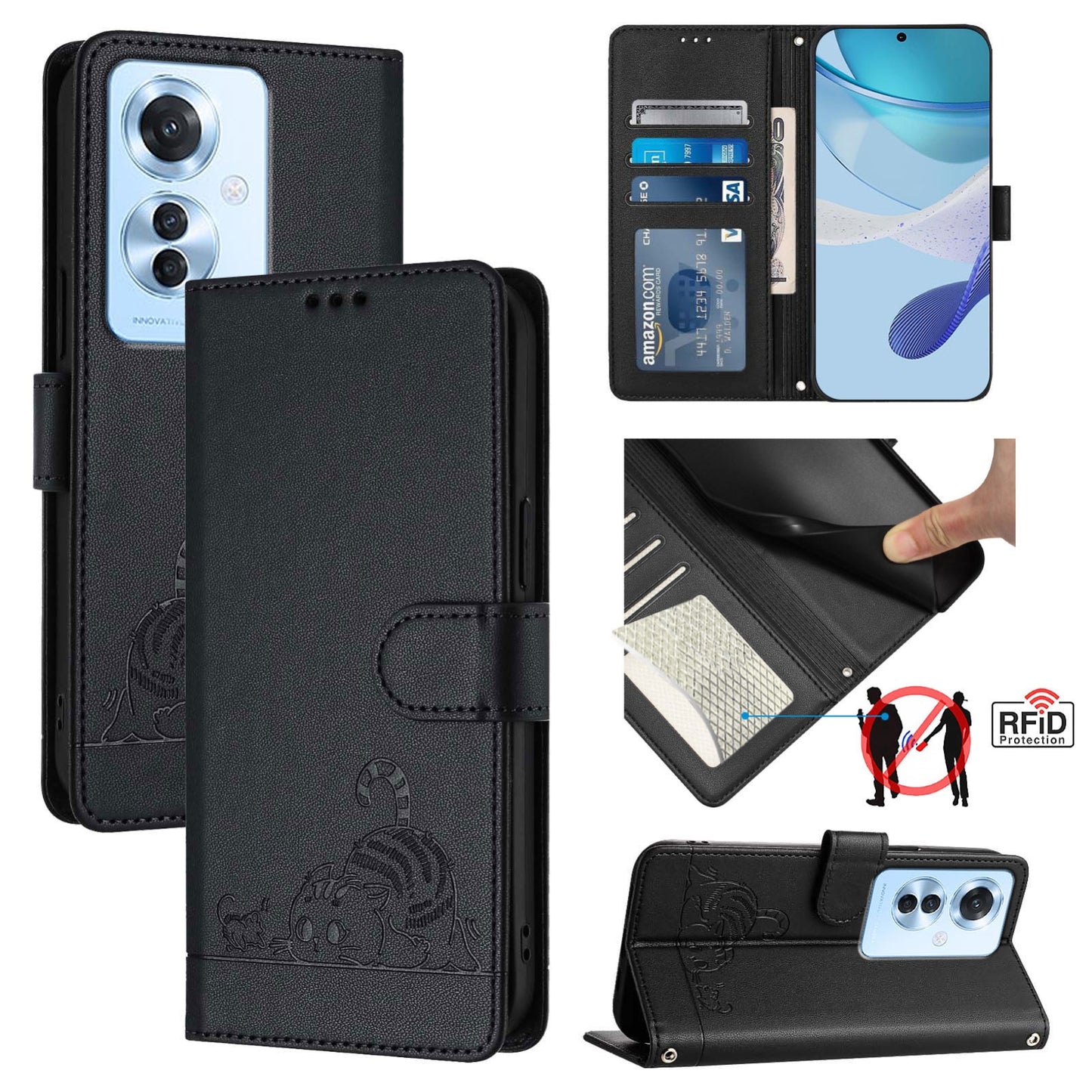 OPPO Reno11 F 5G Global Cat and Rat Embossed Pattern, RFID Leather Phone Case with Lanyard, Kickstand, and Wallet Features