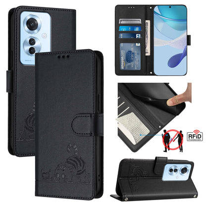 OPPO Reno11 F 5G Global Cat and Rat Embossed Pattern, RFID Leather Phone Case with Lanyard, Kickstand, and Wallet Features