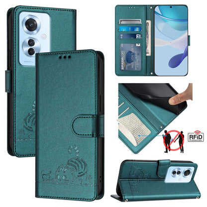 OPPO Reno11 F 5G Global Cat and Rat Embossed Pattern, RFID Leather Phone Case with Lanyard, Kickstand, and Wallet Features
