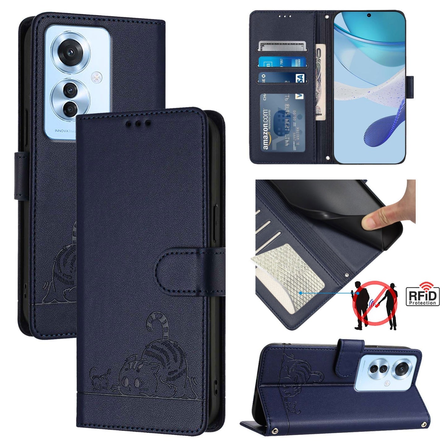 OPPO Reno11 F 5G Global Cat and Rat Embossed Pattern, RFID Leather Phone Case with Lanyard, Kickstand, and Wallet Features