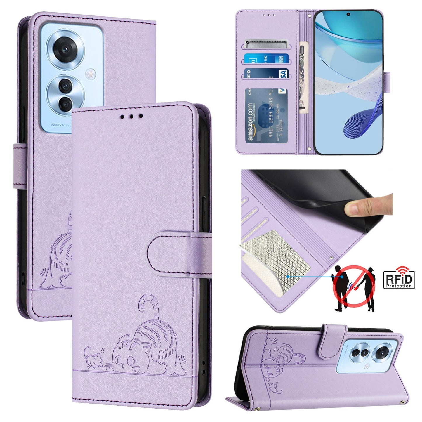 OPPO Reno11 F 5G Global Cat and Rat Embossed Pattern, RFID Leather Phone Case with Lanyard, Kickstand, and Wallet Features
