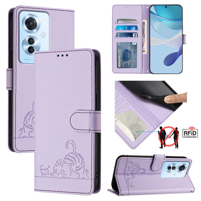 OPPO Reno11 F 5G Global Cat and Rat Embossed Pattern, RFID Leather Phone Case with Lanyard, Kickstand, and Wallet Features