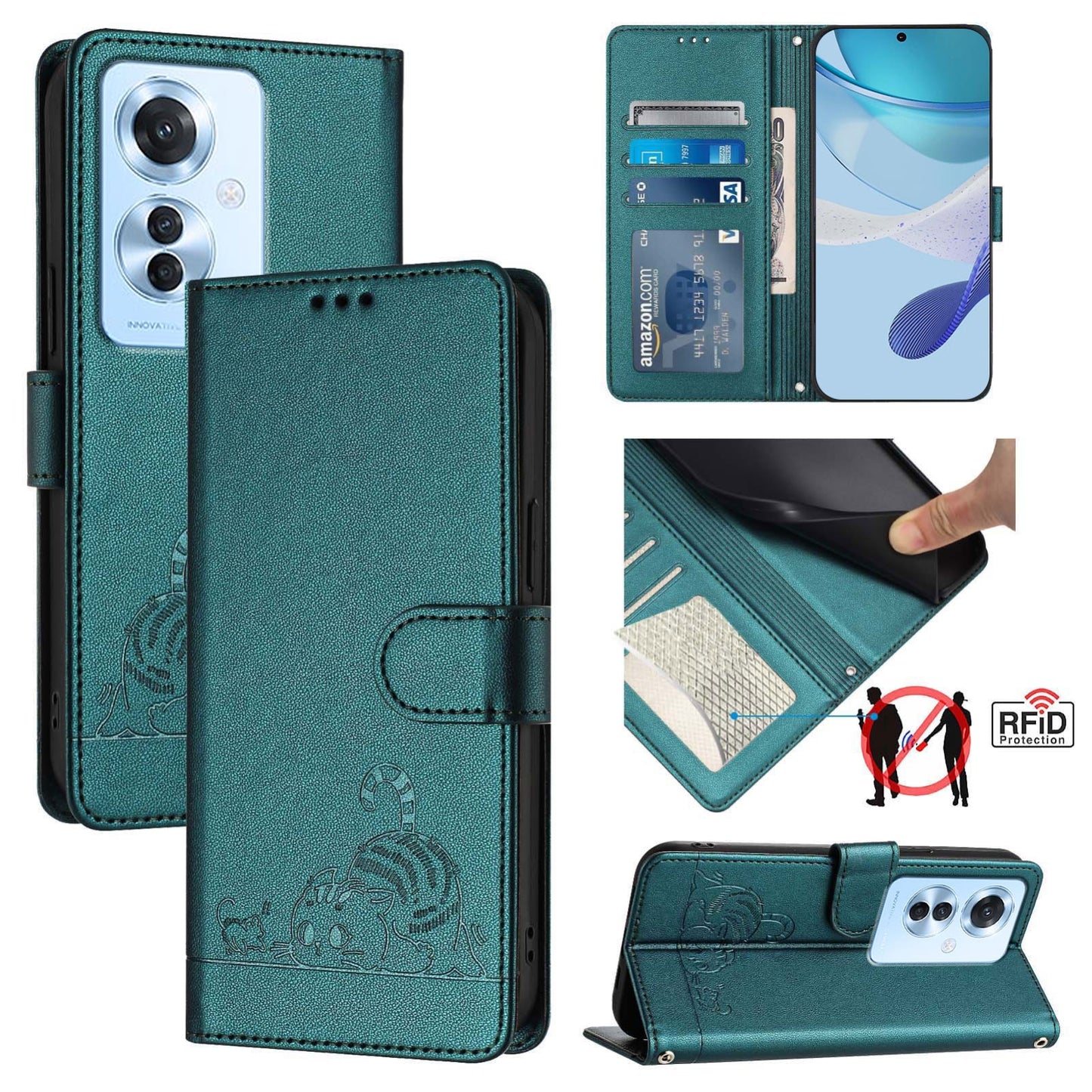 OPPO F25 Pro 5G India Cat and Rat Embossed Pattern, RFID Leather Phone Case with Lanyard, Kickstand, and Wallet Features