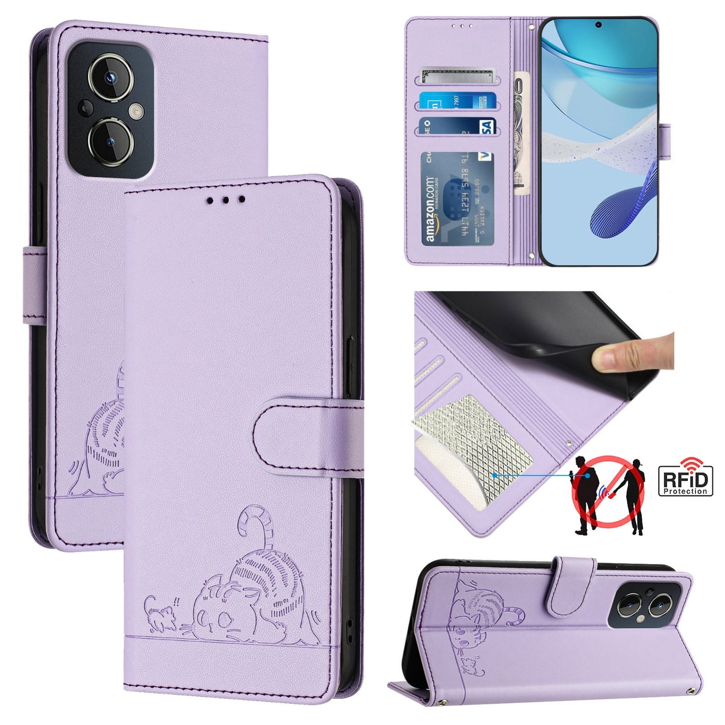 OPPO Reno8 4G Global Cat and Rat Embossed Pattern, RFID Leather Phone Case with Lanyard, Kickstand, and Wallet Features