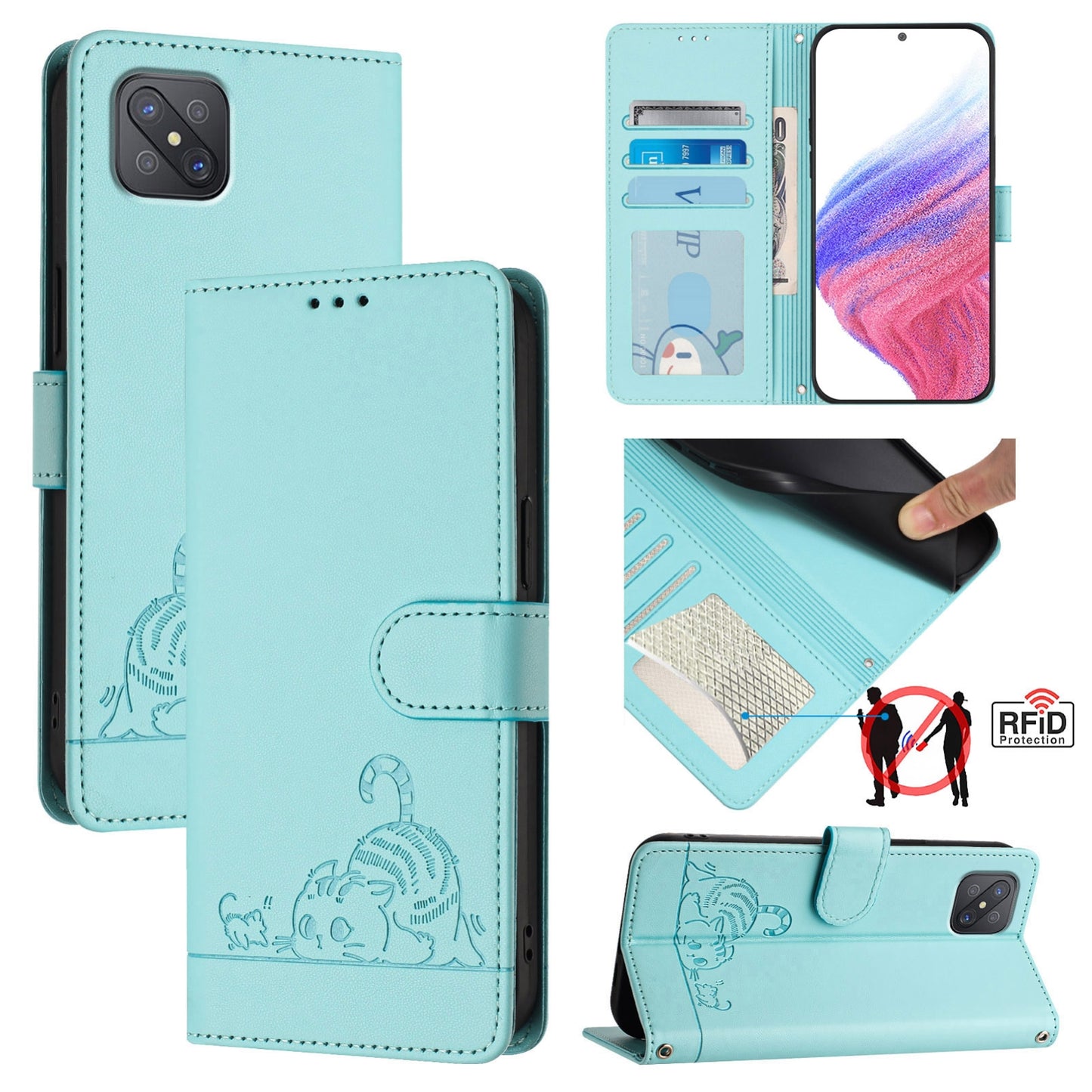 OPPO A92S 5G Cat and Rat Embossed Pattern, RFID Leather Phone Case with Lanyard, Kickstand, and Wallet Features