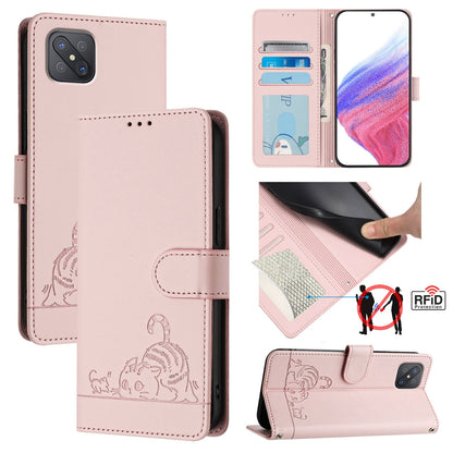 OPPO A92S 5G Cat and Rat Embossed Pattern, RFID Leather Phone Case with Lanyard, Kickstand, and Wallet Features
