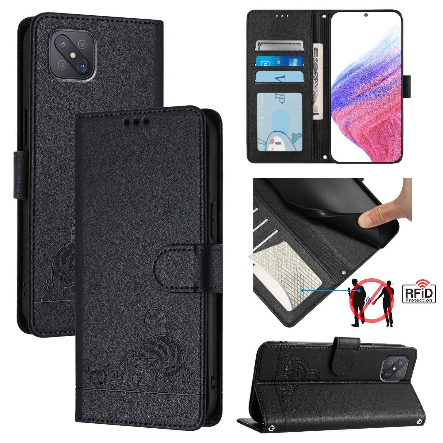 OPPO A92S 5G Cat and Rat Embossed Pattern, RFID Leather Phone Case with Lanyard, Kickstand, and Wallet Features