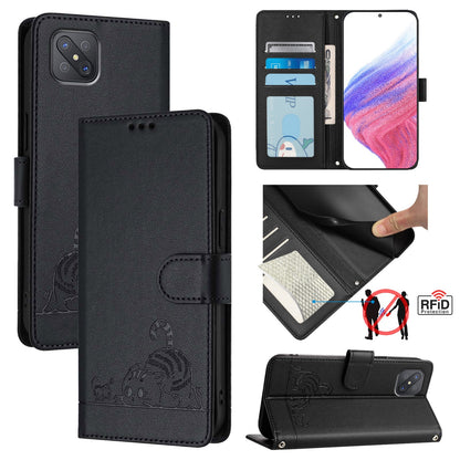 OPPO A92S 5G Cat and Rat Embossed Pattern, RFID Leather Phone Case with Lanyard, Kickstand, and Wallet Features