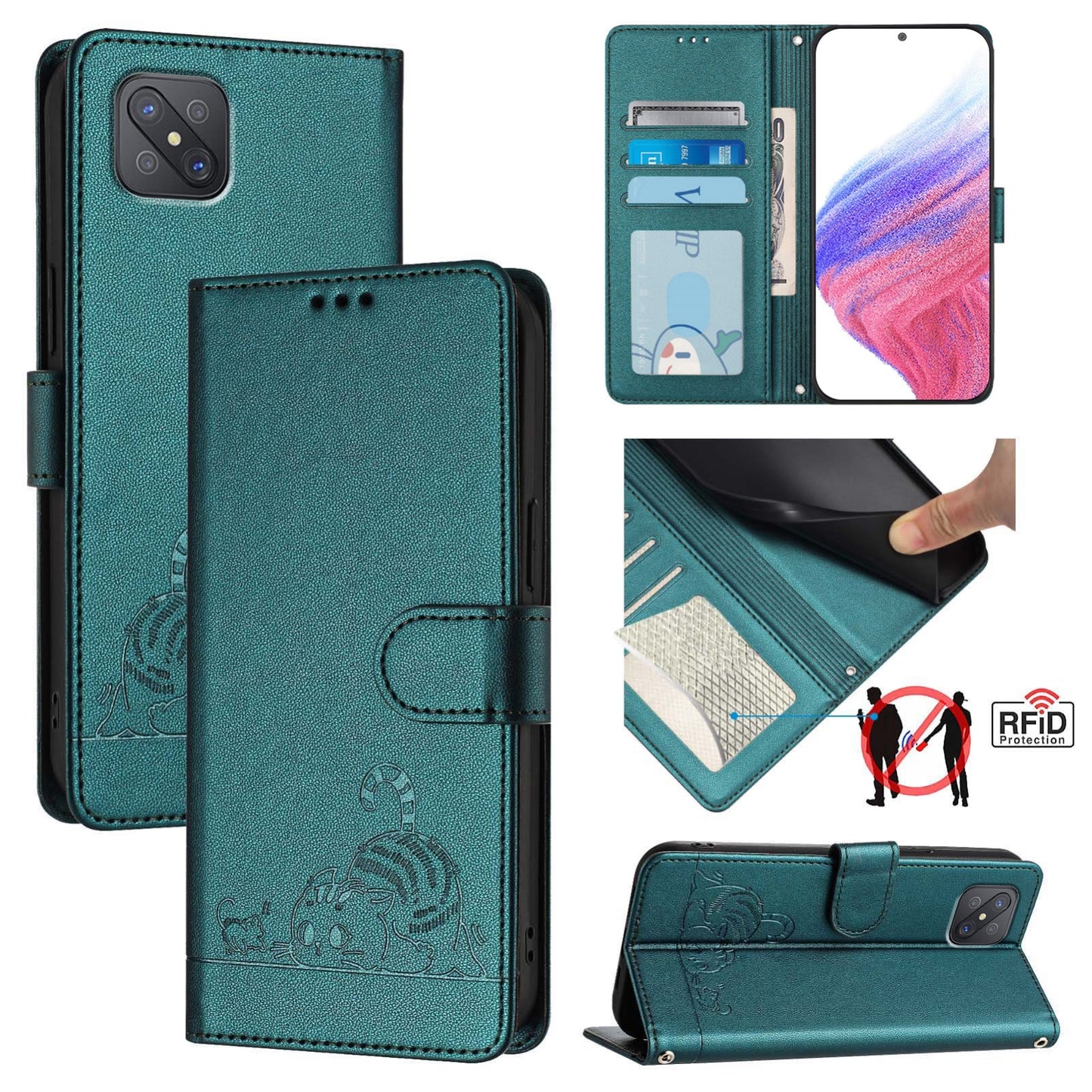 OPPO A92S 5G Cat and Rat Embossed Pattern, RFID Leather Phone Case with Lanyard, Kickstand, and Wallet Features