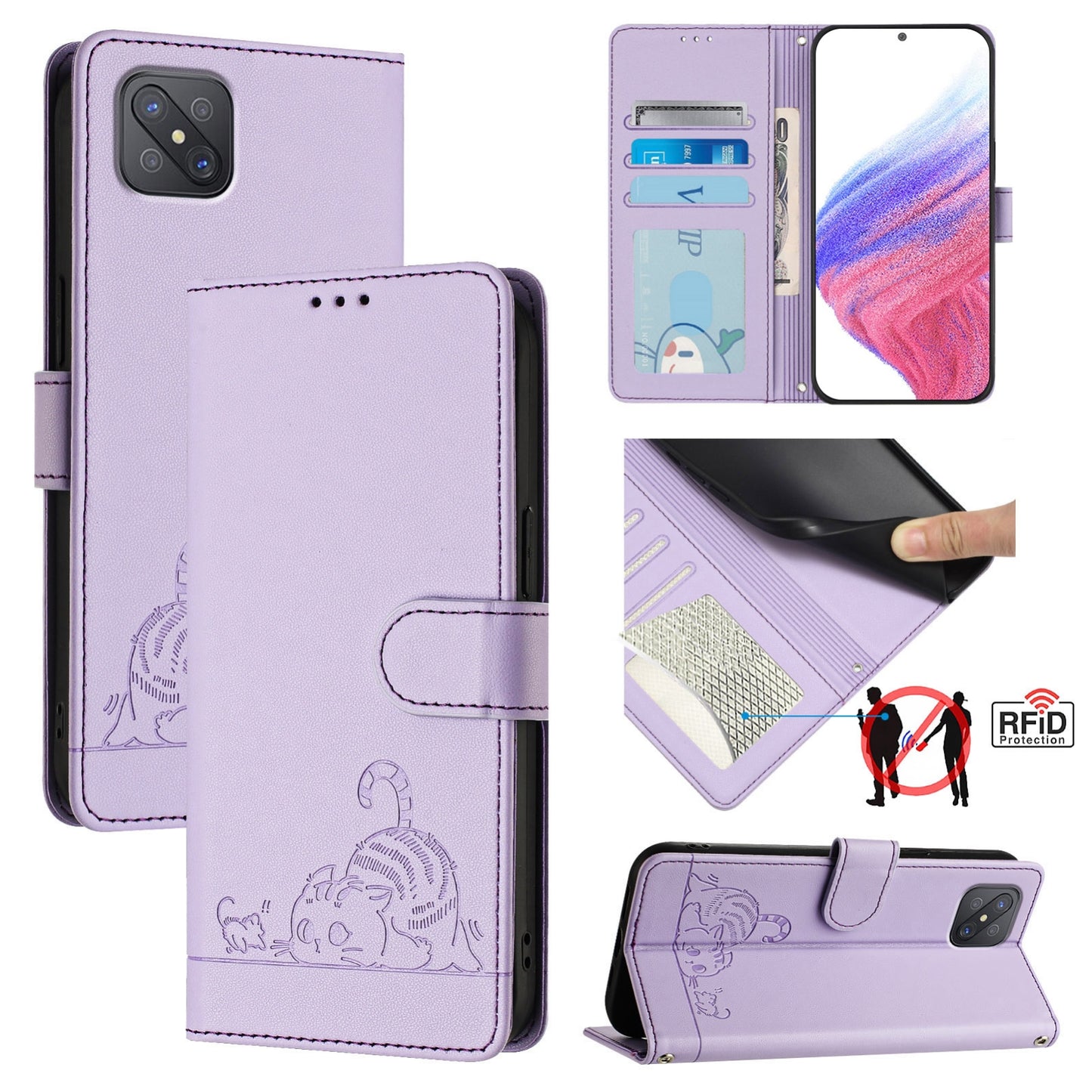 OPPO A92S 5G Cat and Rat Embossed Pattern, RFID Leather Phone Case with Lanyard, Kickstand, and Wallet Features