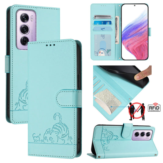 OPPO Reno12 Pro Global Cat and Rat Embossed Pattern, RFID Leather Phone Case with Lanyard, Kickstand, and Wallet Features