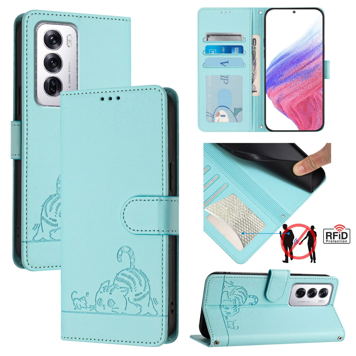 OPPO Reno12 Global Cat and Rat Embossed Pattern, RFID Leather Phone Case with Lanyard, Kickstand, and Wallet Features