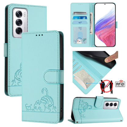 OPPO Reno12 Global Cat and Rat Embossed Pattern, RFID Leather Phone Case with Lanyard, Kickstand, and Wallet Features