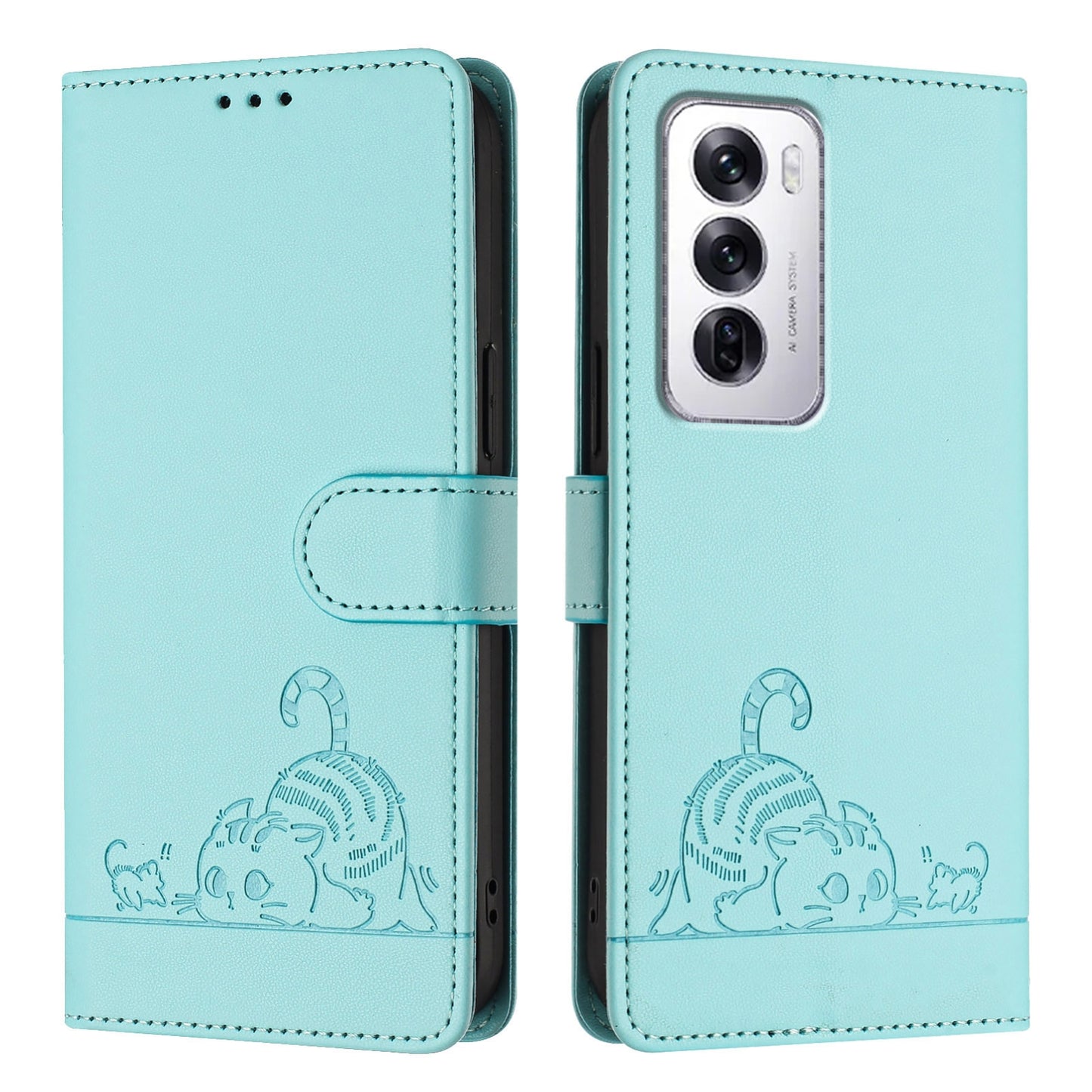 OPPO Reno12 Global Cat and Rat Embossed Pattern, RFID Leather Phone Case with Lanyard, Kickstand, and Wallet Features
