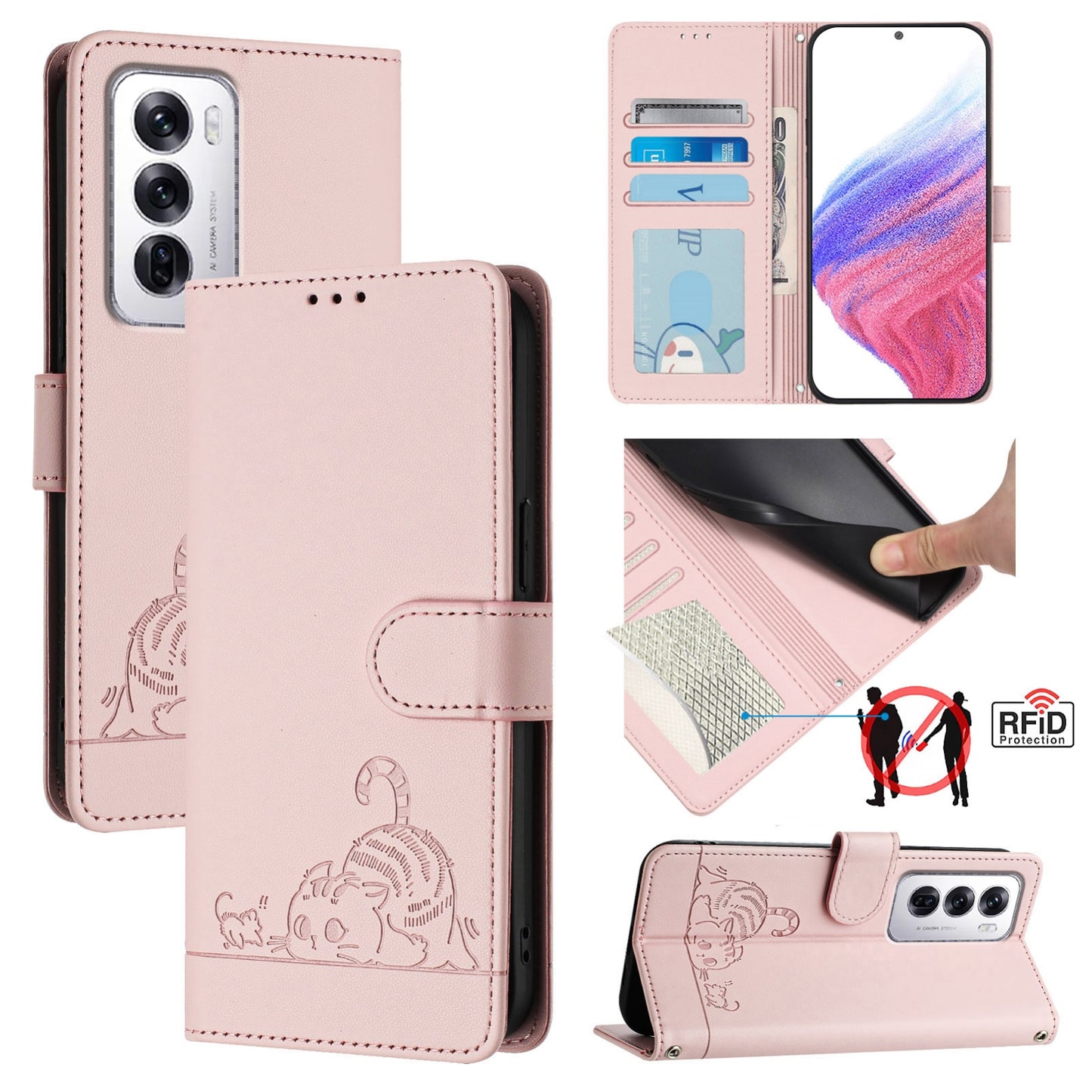 OPPO Reno12 Global Cat and Rat Embossed Pattern, RFID Leather Phone Case with Lanyard, Kickstand, and Wallet Features