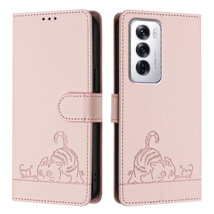 OPPO Reno12 Global Cat and Rat Embossed Pattern, RFID Leather Phone Case with Lanyard, Kickstand, and Wallet Features