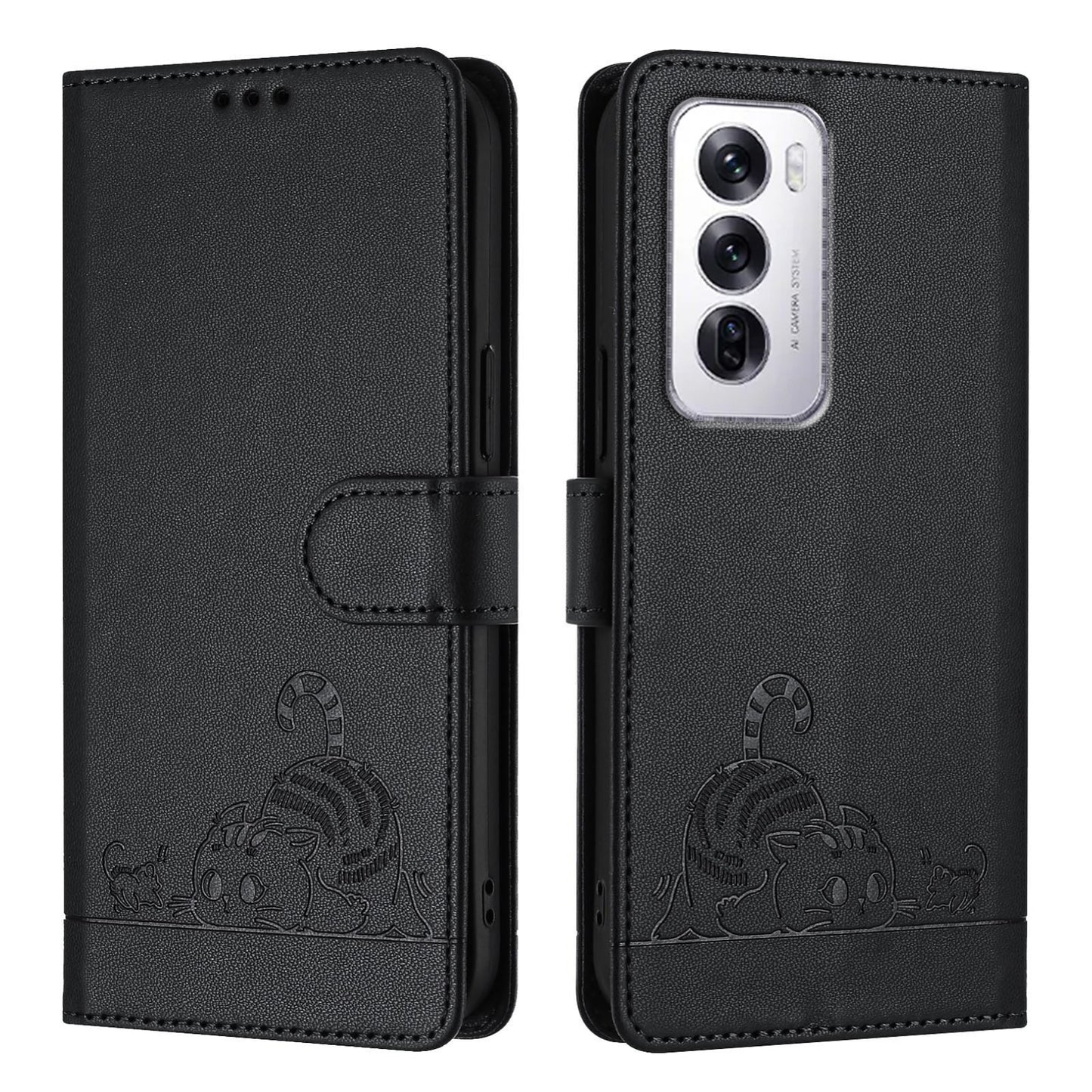 OPPO Reno12 Global Cat and Rat Embossed Pattern, RFID Leather Phone Case with Lanyard, Kickstand, and Wallet Features