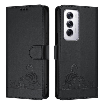 OPPO Reno12 Global Cat and Rat Embossed Pattern, RFID Leather Phone Case with Lanyard, Kickstand, and Wallet Features