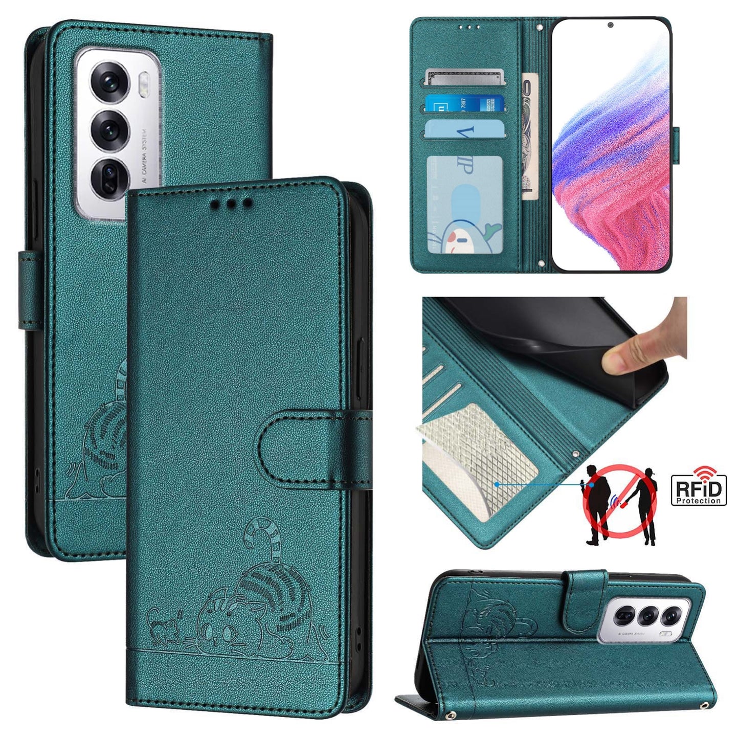 OPPO Reno12 Global Cat and Rat Embossed Pattern, RFID Leather Phone Case with Lanyard, Kickstand, and Wallet Features