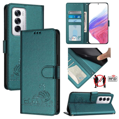 OPPO Reno12 Global Cat and Rat Embossed Pattern, RFID Leather Phone Case with Lanyard, Kickstand, and Wallet Features