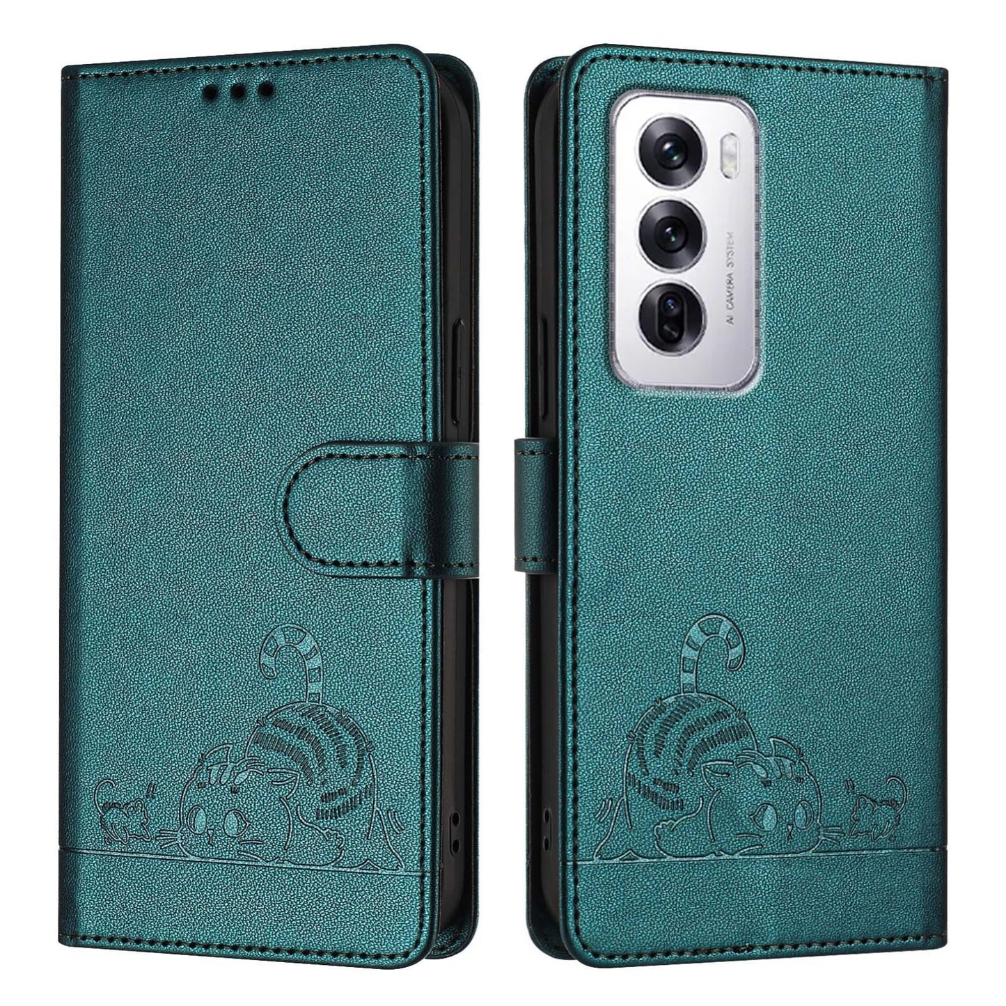 OPPO Reno12 Global Cat and Rat Embossed Pattern, RFID Leather Phone Case with Lanyard, Kickstand, and Wallet Features