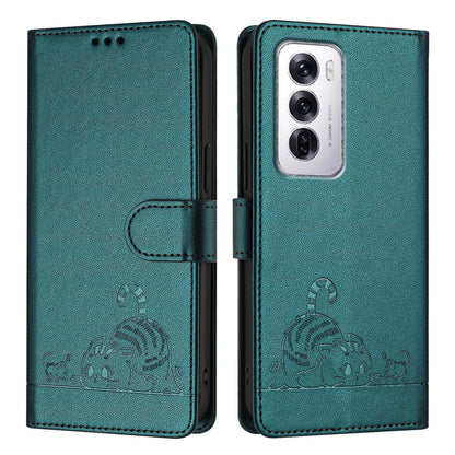 OPPO Reno12 Global Cat and Rat Embossed Pattern, RFID Leather Phone Case with Lanyard, Kickstand, and Wallet Features