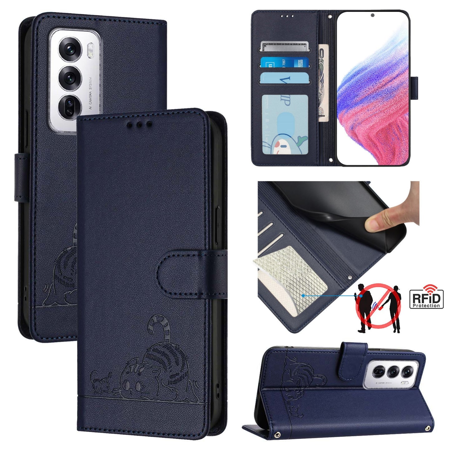 OPPO Reno12 Global Cat and Rat Embossed Pattern, RFID Leather Phone Case with Lanyard, Kickstand, and Wallet Features