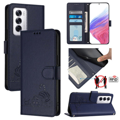OPPO Reno12 Global Cat and Rat Embossed Pattern, RFID Leather Phone Case with Lanyard, Kickstand, and Wallet Features