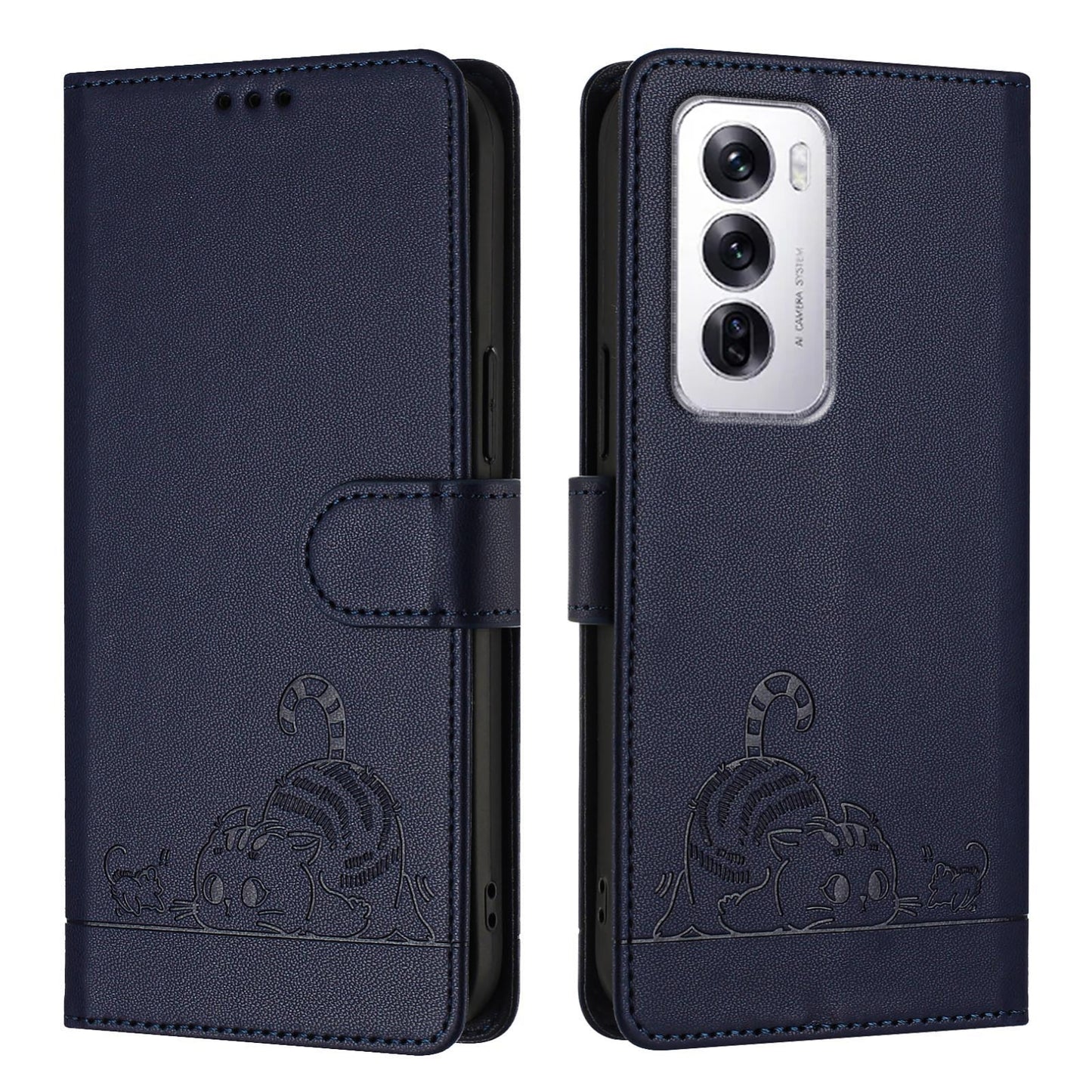OPPO Reno12 Global Cat and Rat Embossed Pattern, RFID Leather Phone Case with Lanyard, Kickstand, and Wallet Features