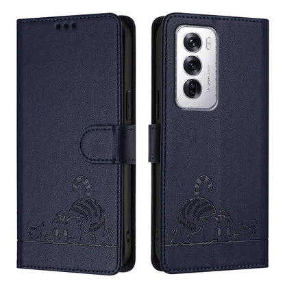 OPPO Reno12 Global Cat and Rat Embossed Pattern, RFID Leather Phone Case with Lanyard, Kickstand, and Wallet Features