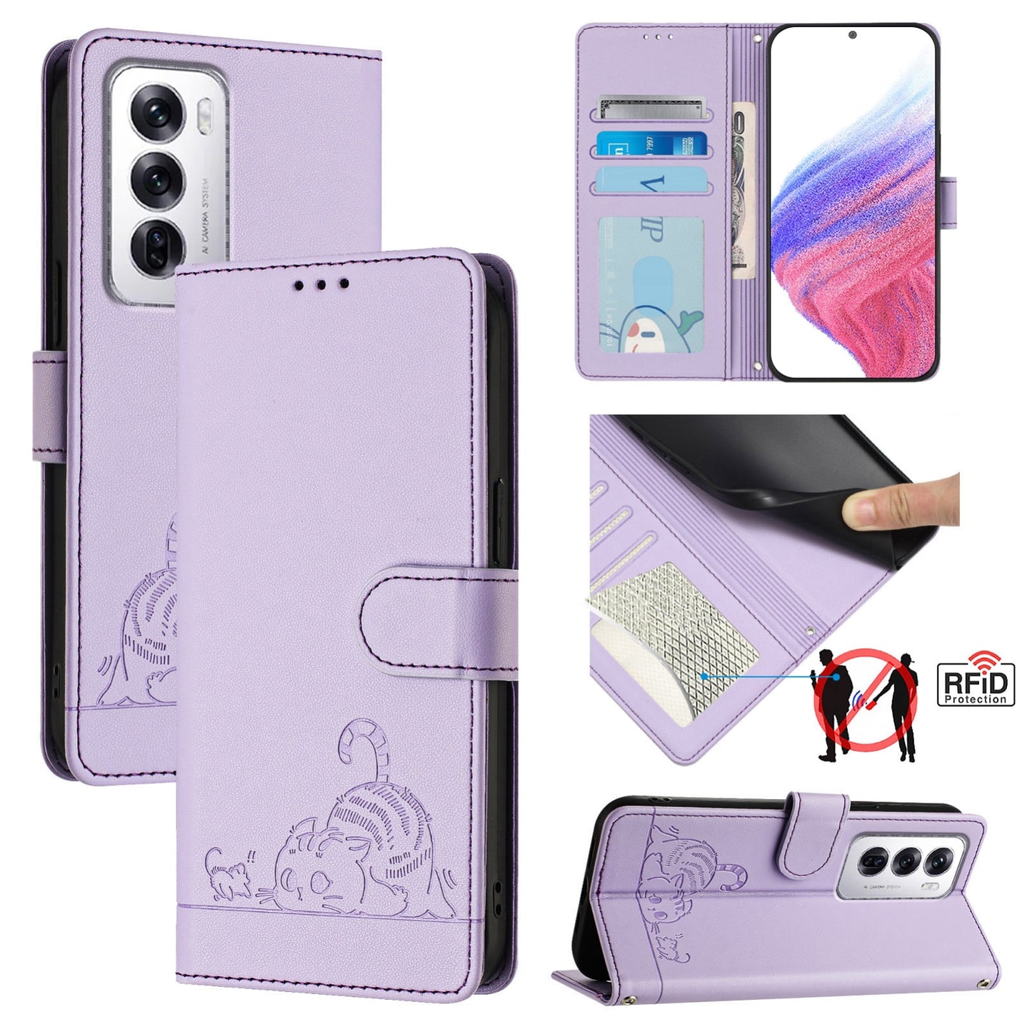 OPPO Reno12 Global Cat and Rat Embossed Pattern, RFID Leather Phone Case with Lanyard, Kickstand, and Wallet Features
