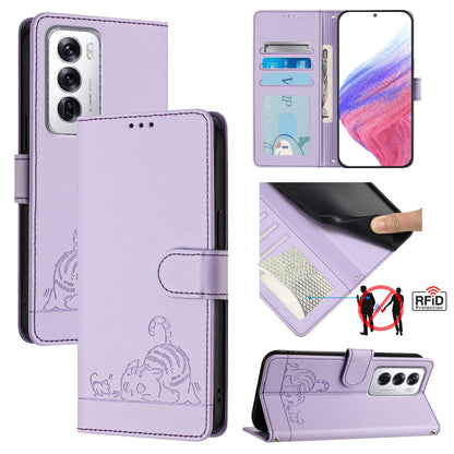 OPPO Reno12 Global Cat and Rat Embossed Pattern, RFID Leather Phone Case with Lanyard, Kickstand, and Wallet Features