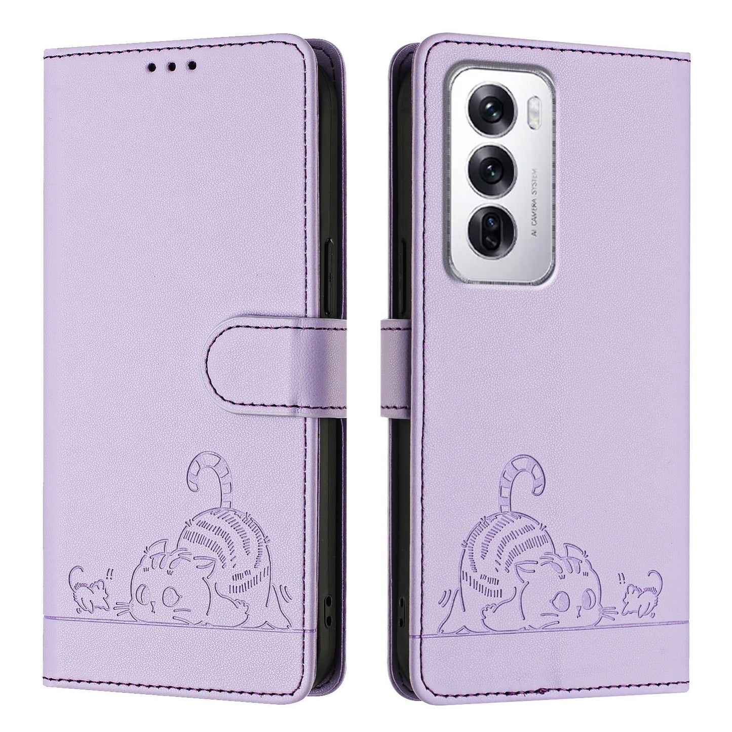 OPPO Reno12 Global Cat and Rat Embossed Pattern, RFID Leather Phone Case with Lanyard, Kickstand, and Wallet Features