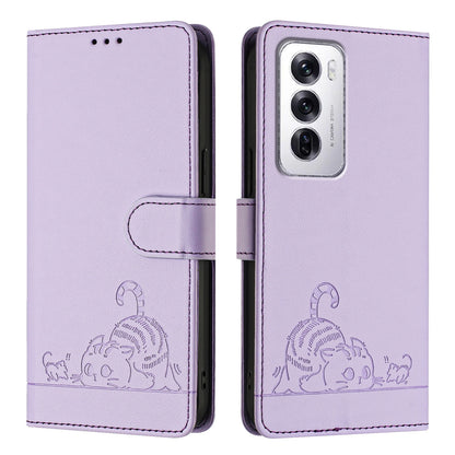OPPO Reno12 Global Cat and Rat Embossed Pattern, RFID Leather Phone Case with Lanyard, Kickstand, and Wallet Features