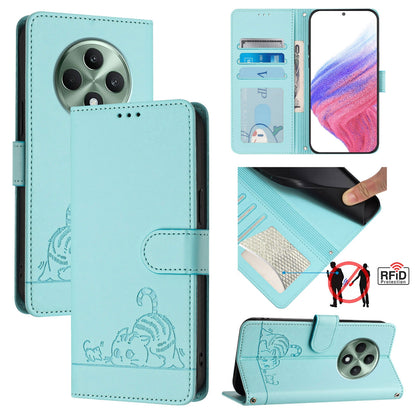 OPPO Reno12 F Global Cat and Rat Embossed Pattern, RFID Leather Phone Case with Lanyard, Kickstand, and Wallet Features