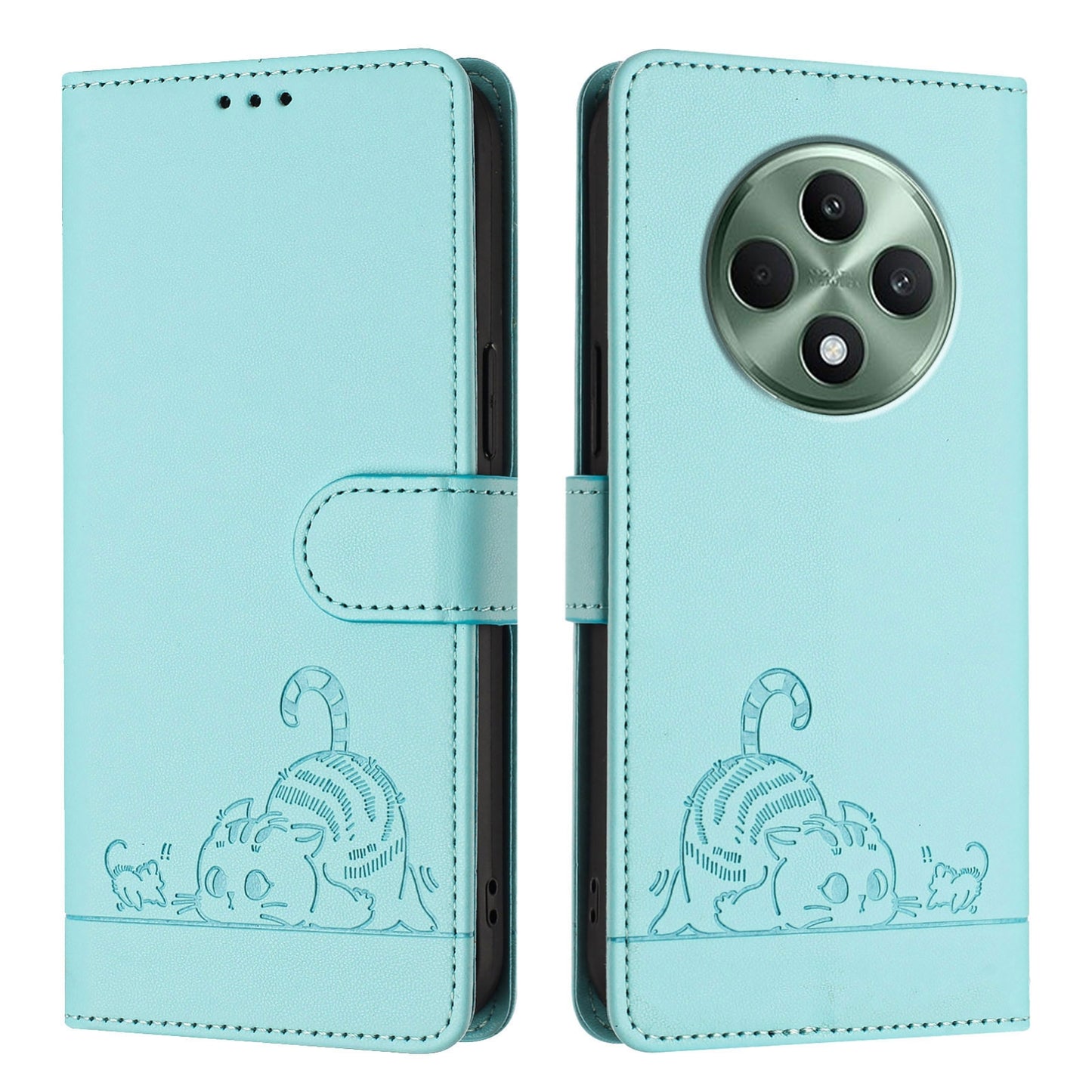 OPPO Reno12 F Global Cat and Rat Embossed Pattern, RFID Leather Phone Case with Lanyard, Kickstand, and Wallet Features