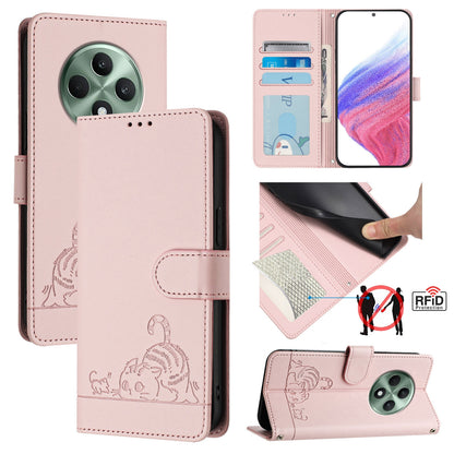 OPPO Reno12 F Global Cat and Rat Embossed Pattern, RFID Leather Phone Case with Lanyard, Kickstand, and Wallet Features