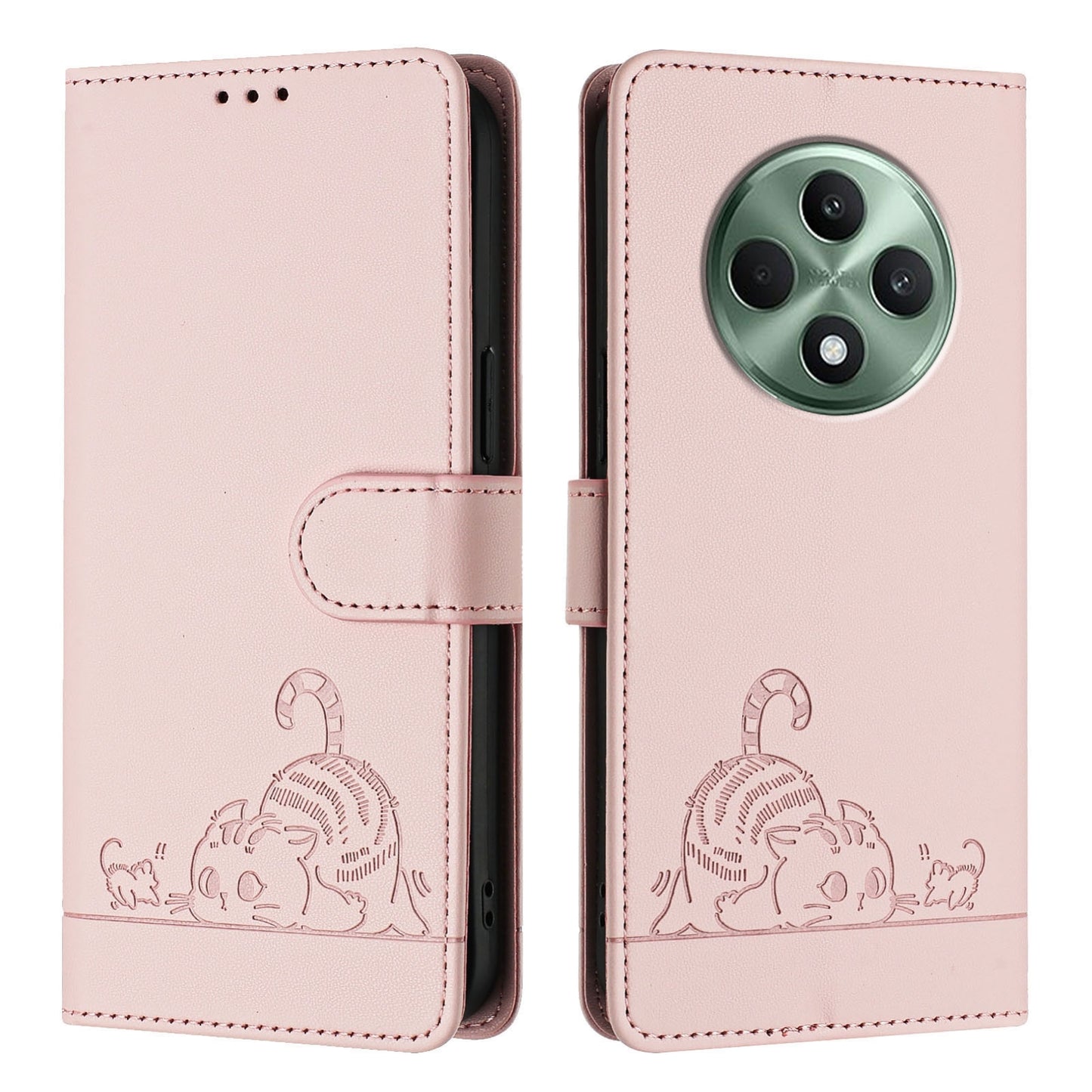 OPPO Reno12 F Global Cat and Rat Embossed Pattern, RFID Leather Phone Case with Lanyard, Kickstand, and Wallet Features