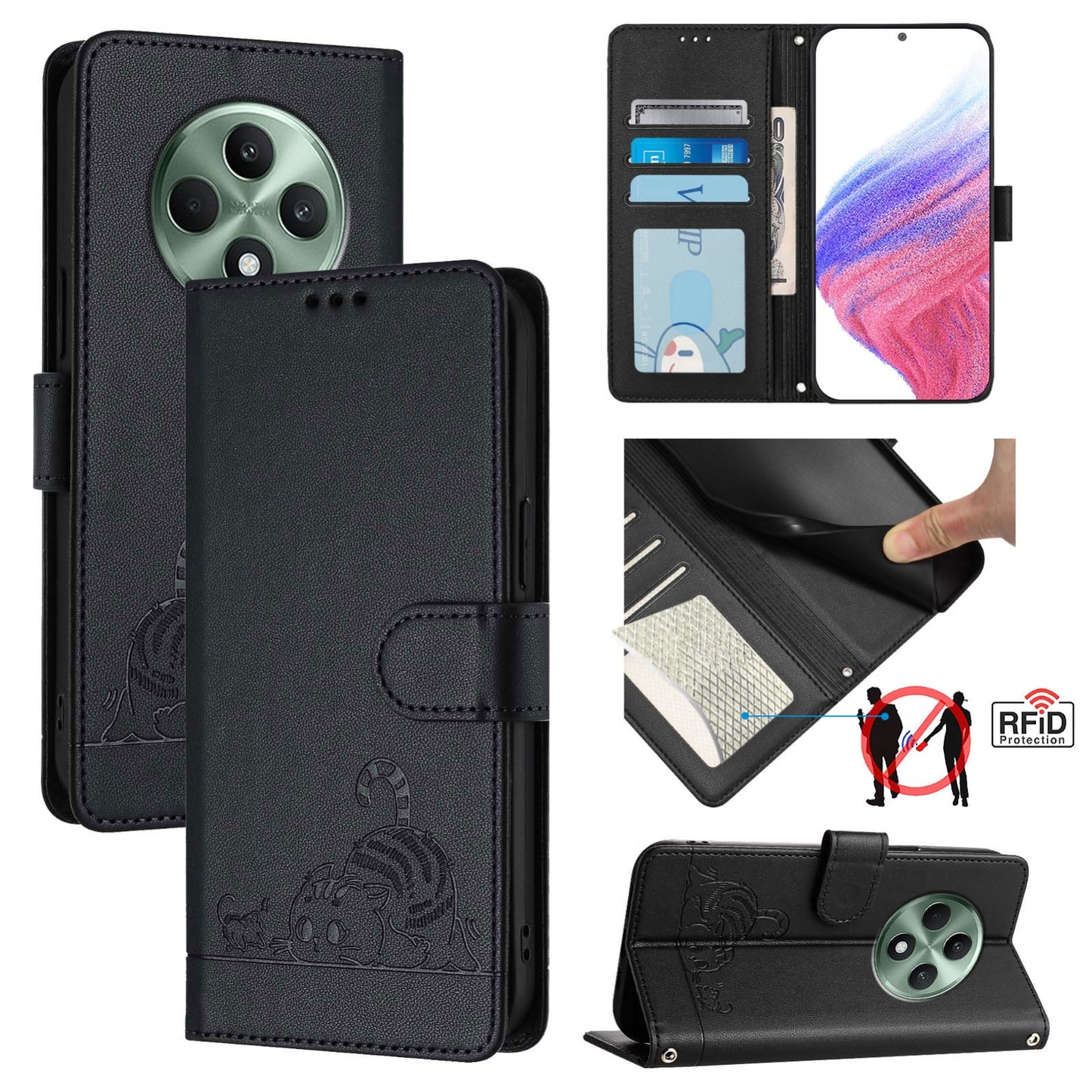 OPPO Reno12 F Global Cat and Rat Embossed Pattern, RFID Leather Phone Case with Lanyard, Kickstand, and Wallet Features