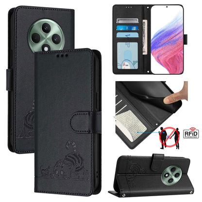OPPO Reno12 F Global Cat and Rat Embossed Pattern, RFID Leather Phone Case with Lanyard, Kickstand, and Wallet Features
